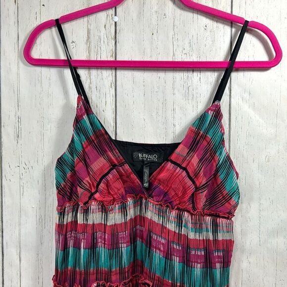 Buffalo David Britton Women 100% Silk Tank Top Ruffle Plaid Tiered Fairy Boho - Picture 2 of 16